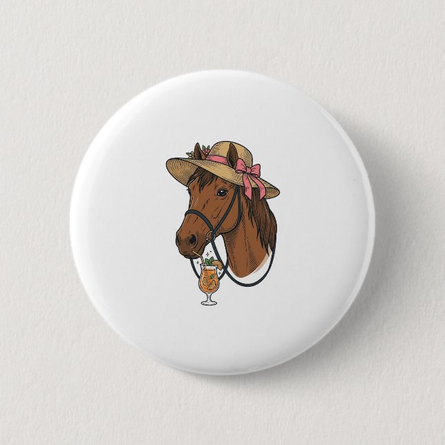 Vintage-Pferd-Cocktail-Sommerhut-Illustration Button (Vorderseite)