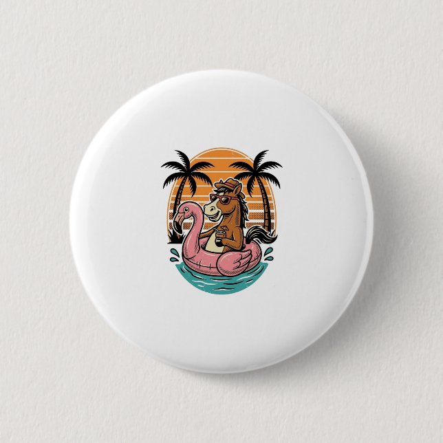 Vintage-Pferd-Flamingo-Schwimmkörper-Sommerurlaub- Button (Vorderseite)