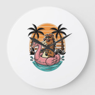 Vintage-Pferd-Flamingo-Schwimmkörper-Sommerurlaub- Große Wanduhr