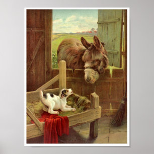 Vintage-Pferd-Hund in der Scheune auf dem Bauernho Poster