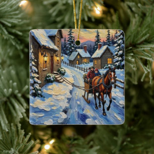 Vintage Pferd und Schlitten auf Weihnachten im Sch Keramikornament