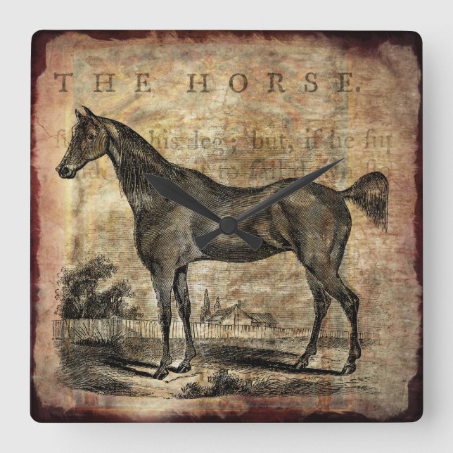 Vintage Pferdegepflegte und Arabienpferde Quadratische Wanduhr (Vorderseite)