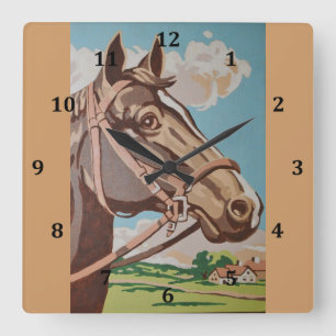 Vintage Pferdekopf-Malerei Quadratische Wanduhr