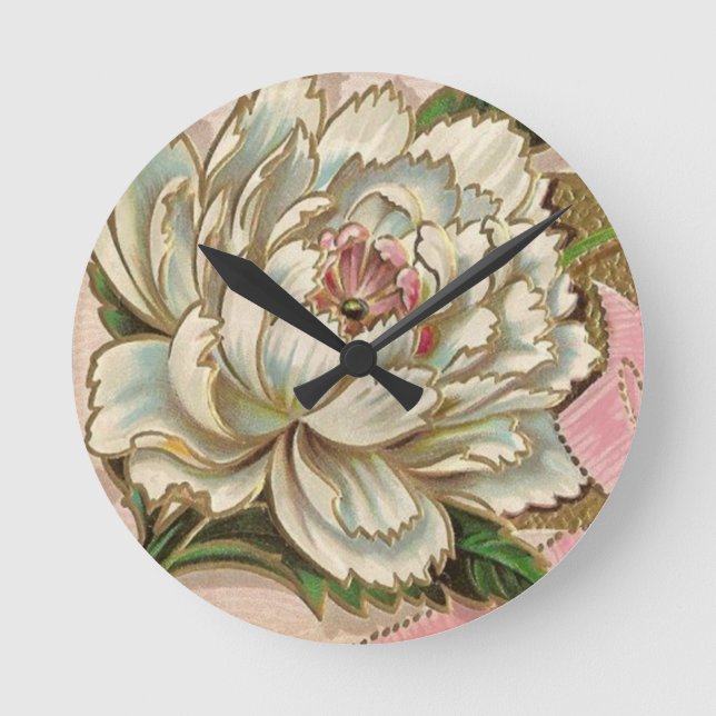 Vintage Pfingstrosen-Blume Runde Wanduhr (Vorderseite)