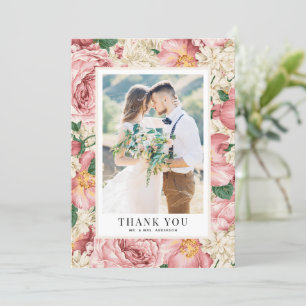 Vintage-Pfingstrosen-Muster-Hochzeitsfoto Hochzeit Dankeskarte