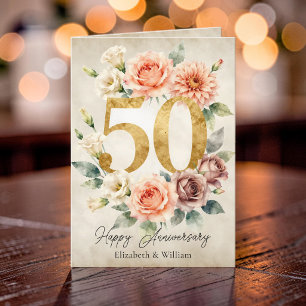 Vintage-Pfirsich-Blumen-Gold 50. Hochzeitstag Karte