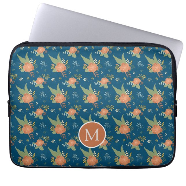 Vintage-Pfirsich-Blumenmuster Dunkelblau Monogramm Laptopschutzhülle (Vorderseite)
