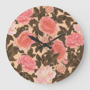 Vintage-Pfirsich-Rose-Aquarellmuster. Große Wanduhr