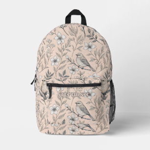 Vintage-Pfirsich-Sangvogel-Wildblumenmuster Bedruckter Rucksack