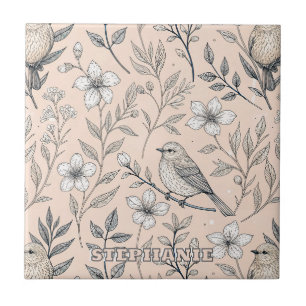 Vintage-Pfirsich-Sangvogel-Wildblumenmuster Fliese