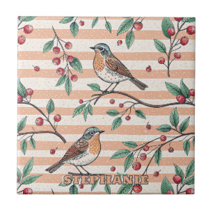 Vintage-Pfirsich-Songbird-Beeren-Zweig-Muster Fliese