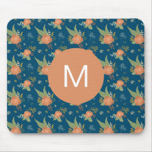 Vintage Pfirsich- und blaues Blumenmuster-Monogram Mousepad