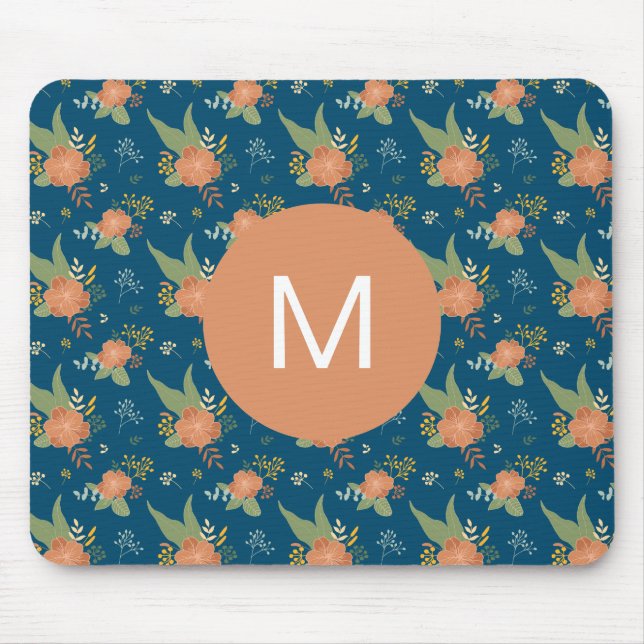 Vintage Pfirsich- und blaues Blumenmuster-Monogram Mousepad (Vorne)