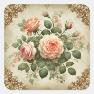 Vintage Pfirsich und Moss Rose Blumengoldgrenze Quadratischer Aufkleber