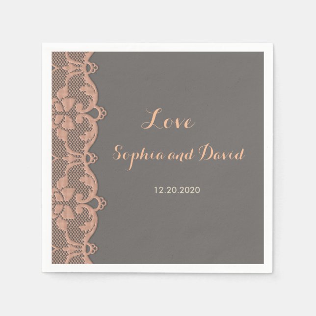Vintage Pfirsichgraue Spitzen-Hochzeit Serviette (Vorderseite)