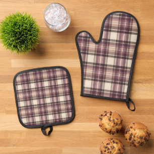Vintage Pflaume Purpur & Creme Tartan Karo Ofenhandschuh & Topflappen-Set