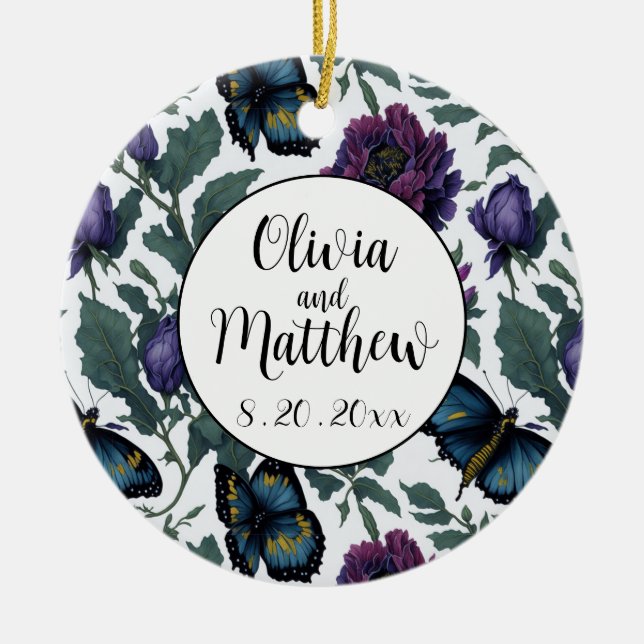 Vintage Pflaumen lila Magenta-Blütenschmetterlinge Keramik Ornament (Vorne)