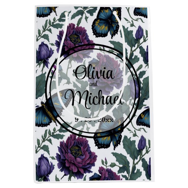 Vintage Pflaumen lila Magenta-Blütenschmetterlinge Mittlere Geschenktüte (Vorderseite)