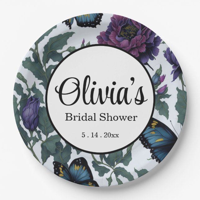 Vintage Pflaumen lila Magenta-Blütenschmetterlinge Pappteller (Vorderseite)