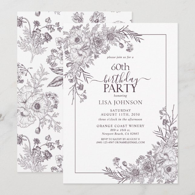 Vintage Pflaumenblume Lila Blumenlinie Art 60. Geb Einladung (Vorne/Hinten)