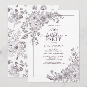 Vintage Pflaumenblume Lila Blumenlinie Art 60. Geb Einladung