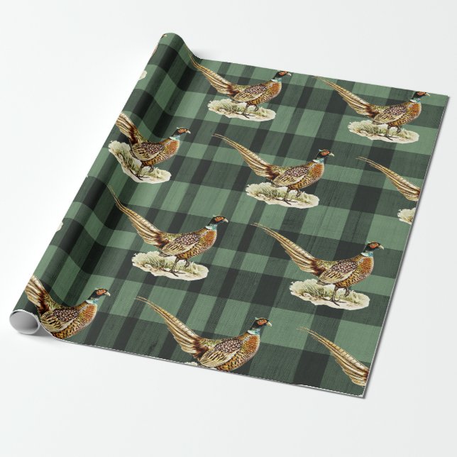 Vintage Pheasant Bird on Green Plaid Geschenkpapier (Ungerollt)