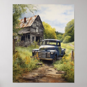 Vintage-Pick-up-Truck an ländlicher Scheune in Aqu Poster