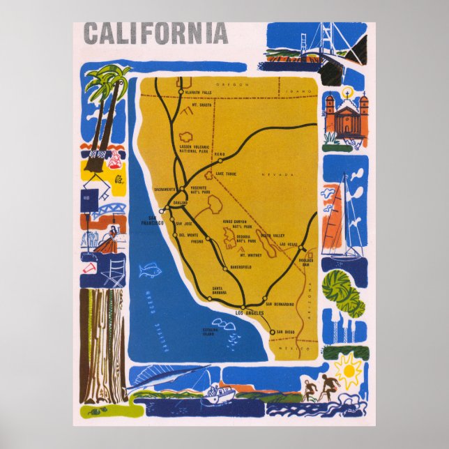 Vintage Pictorial California Map Poster 1950 (Vorne)