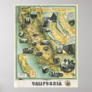 Vintage-Pictorial-Kalifornien-Karte Poster 1888