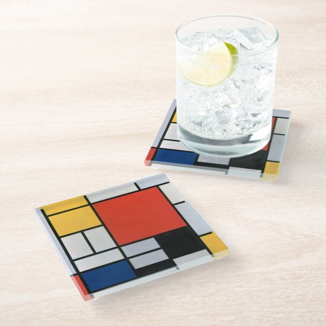 Vintage Piet Mondrian-Zusammensetzung, Retro Glasuntersetzer (Schrägansicht)