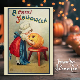 Vintage Pilger Mädchen mit Kürbis Halloween Feiertagskarte