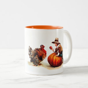 Vintage-Pilger und Truthahn-Erntedankgeschenk Zweifarbige Tasse