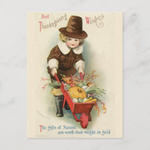 Vintage-Pilgerjunge mit Schubkarre zum Erntedankfe Postkarte