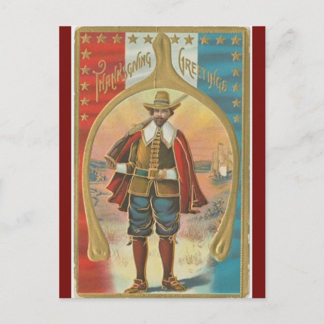 Vintage Pilgrim und ein Erntedank mit Gabelbein Postkarte (Vorderseite)