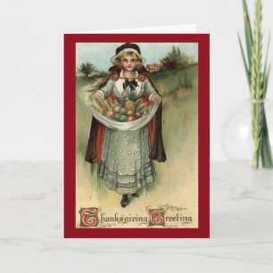 Vintage Pilgrim Woman Erntedank Grußkarte Feiertagskarte