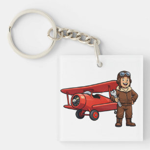 Vintage-Pilot mit roter Doppeldecker-Cartoon-Kunst Schlüsselanhänger