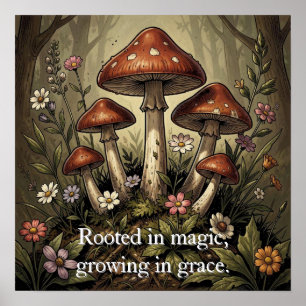 Vintage-Pilz-Rotkappen- und Wildblumen-Kunst Poster