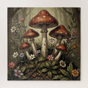 Vintage-Pilz-Rotkappen- und Wildblumen-Kunst Puzzle