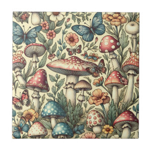 Vintage-Pilze, Blumen, Schmetterlinge Whimsical Fliese