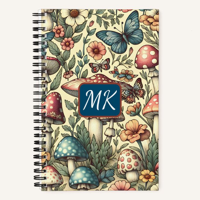 Vintage Pilze, Schmetterlinge und Blume Notizbuch (Vorderseite)