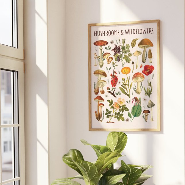 Vintage Pilze und Wildblumen Mauer Art Poster (In situ beside the window)