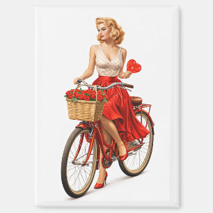 Vintage Pin-Up-Frau auf Fahrrad mit Rosen  Magnet