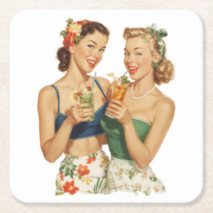 Vintage Pin-Up Sommer Cocktail Freundinnen Rechteckiger Pappuntersetzer