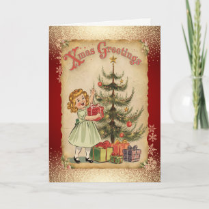 Vintage Pine Tree Girl Snowflakes Rote Ferienkarte Feiertagskarte