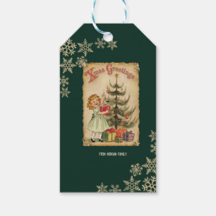 Vintage Pine Tree Little Girls präsentiert Schneef Geschenkanhänger