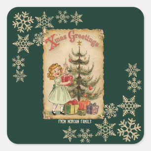 Vintage Pine Tree Little Girls präsentiert Schneef Quadratischer Aufkleber