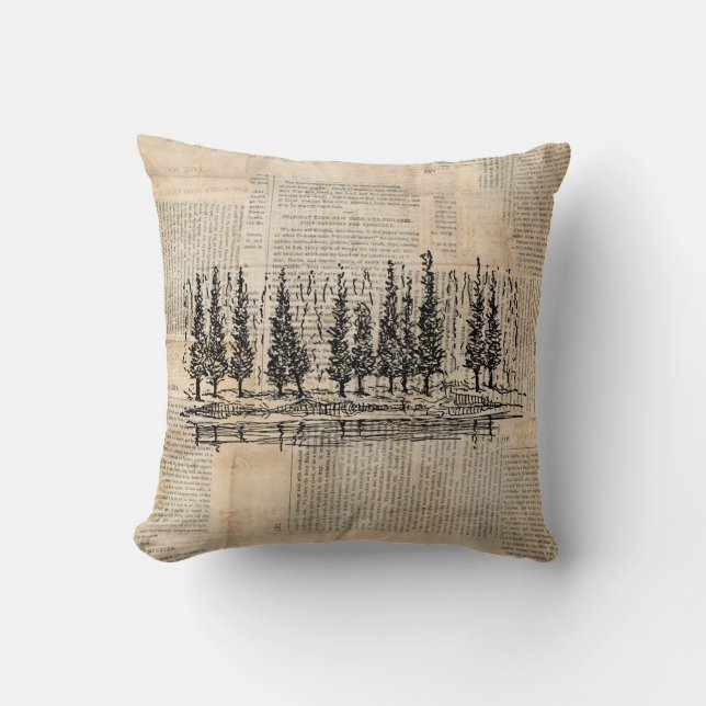 Vintage Pine Trees Nature Scene Newsprint Art Kissen (Vorderseite)