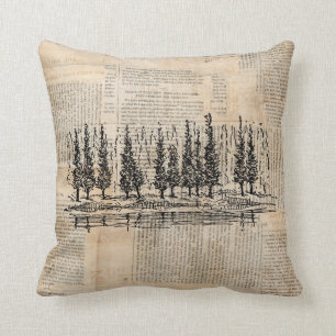 Vintage Pine Trees Nature Scene Newsprint Art Kissen