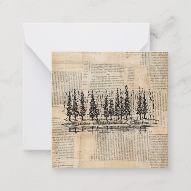 Vintage Pine Trees Nature Scene Newsprint Art Mitteilungskarte (Vorderseite)