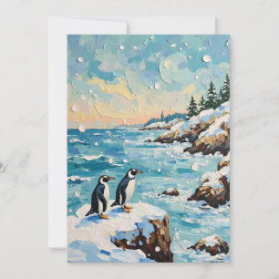 Vintage-Pinguine auf schneebedeckter Küstenweihnac Feiertagskarte